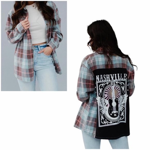 Altar'd State Tops - ALTAR'D STATE Plaid Long Sleeve Nashville Patch Button Down Shirt XS